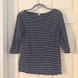 Navy and white striped boat neck shirt